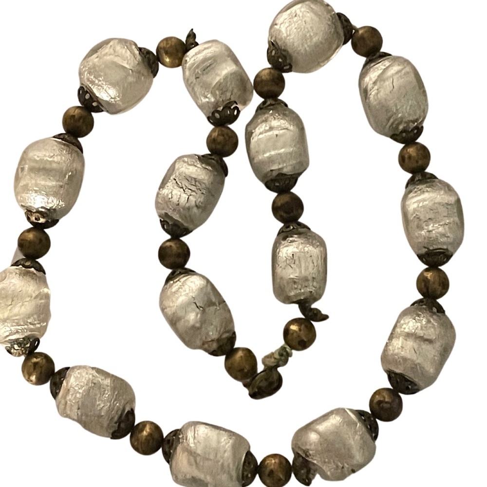 Antique Venetian Art Glass Silver Foiled Bead Necklace Art Deco Art Nouveau